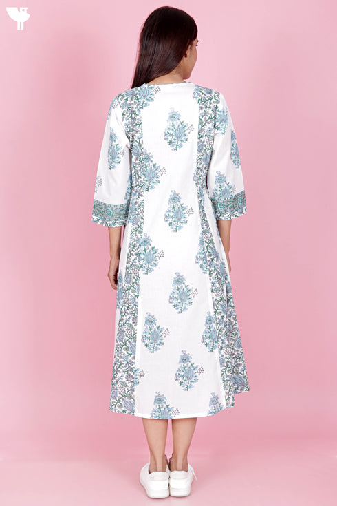 Cambric Cotton Dress  In Floral Block Print
